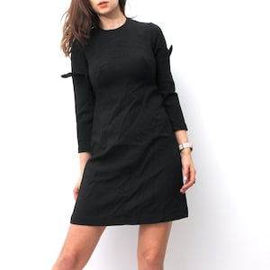 Shift Black Midi Dress With Long Sleeves / Vintage Minimal Basic Evening Dress - S