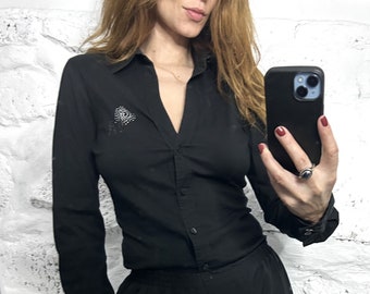 Vintage Classic Cotton Black Fitted Shirt, Long Sleeve Cotton Blend Top, Size M/L