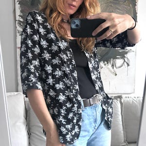 Floral Print Viscose Cardigan: Romantic Black Flower Duster - Small