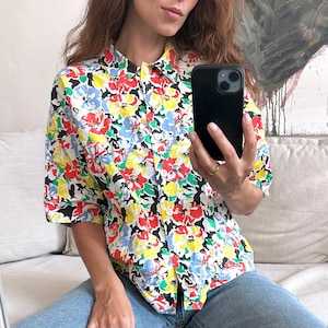 Camicetta floreale in cotone vintage anni &#39;80 - Camicia con fiori colorati, XL