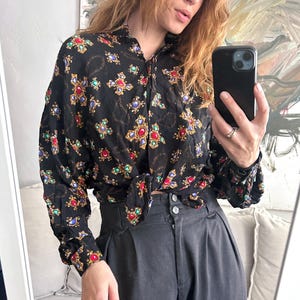 Goth Glam Blouse / Vintage Cross Print Blouse / Black Jewellry Printed Shirt / Chic Top / Long Sleeved Buttoned Woman Shirt -