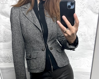 Tweed Fit Woman Blazer With Rib Knit Neck / Zip Neck Jacket / Italian Style / Classy Lady / Business Woman / Retro Blazer - S