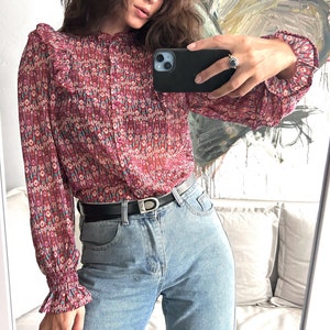 Frill Floral Blouse With Poet Sleeves / Cute Ruffled Top / Maroon Flower Blouse / Button Up Shirt - S