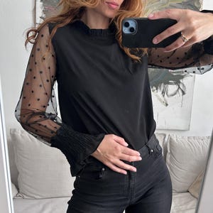 Black Blouse With Mesh Dotted Sleeves / Sheer Sleeve Top / Evening Ruffle Neck Blouse / Goth Evening Flirty Blouse - S