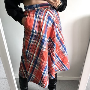 Retro Red Plaid Skirt / Maxi Skirt / Flared Skirt With Pockets / Vintage Tartan Skirt / Cotton Skirt / High Waist Skirt - Small