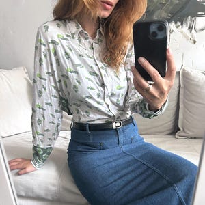 White Printed Shirt / Long Sleeved Blouse / Button Up Top / Plants Printed Blouse / Collared Blouse / Casual Top / Elegant Blouse - M