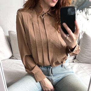 Vintage 80s Cacao Brown Pleated Blouse: Elegant Office Top (M-L)