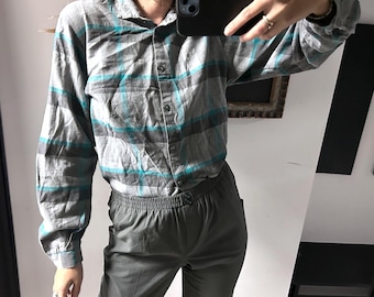 Vintage Cotton Plaid Shirt, Long Sleeve Button Down Top, Size L/40