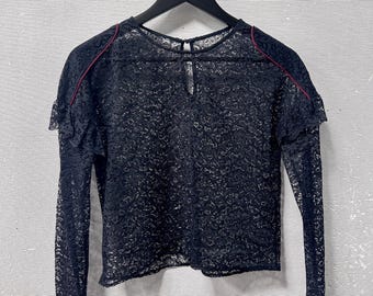 Blusa negra de encaje transparente estilo años 90, top de noche con mangas con volantes (Talla S/M)