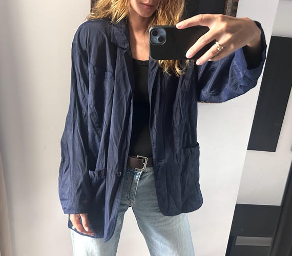 Vintage Navy Blue Oversized Blazer, Minimal Classy Woman Jacket, Smart Boyfriend Wear, Large