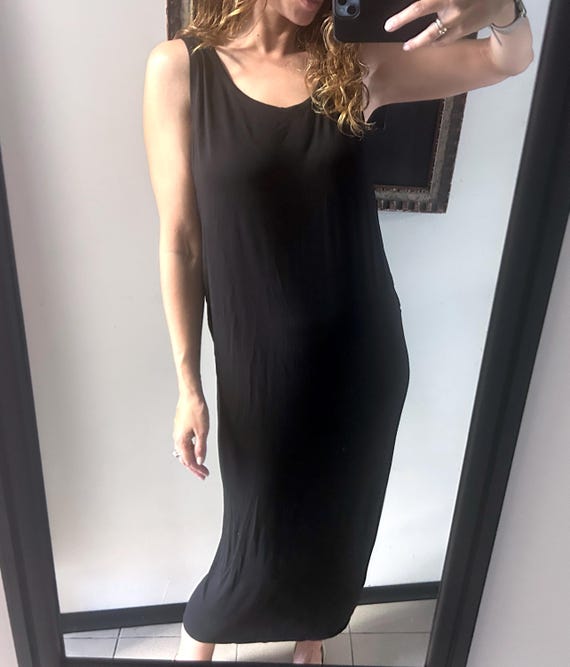 Black Maxi Tank Dress: Viscose Blend Minimalist Sleeveless Dress
