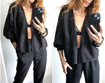 Black Crop Cardigan /Metallic Glossy Blouse With Open Front /  Batwing Sleeves Cardigan / Minimal Top / No Closure Jacket - S - M