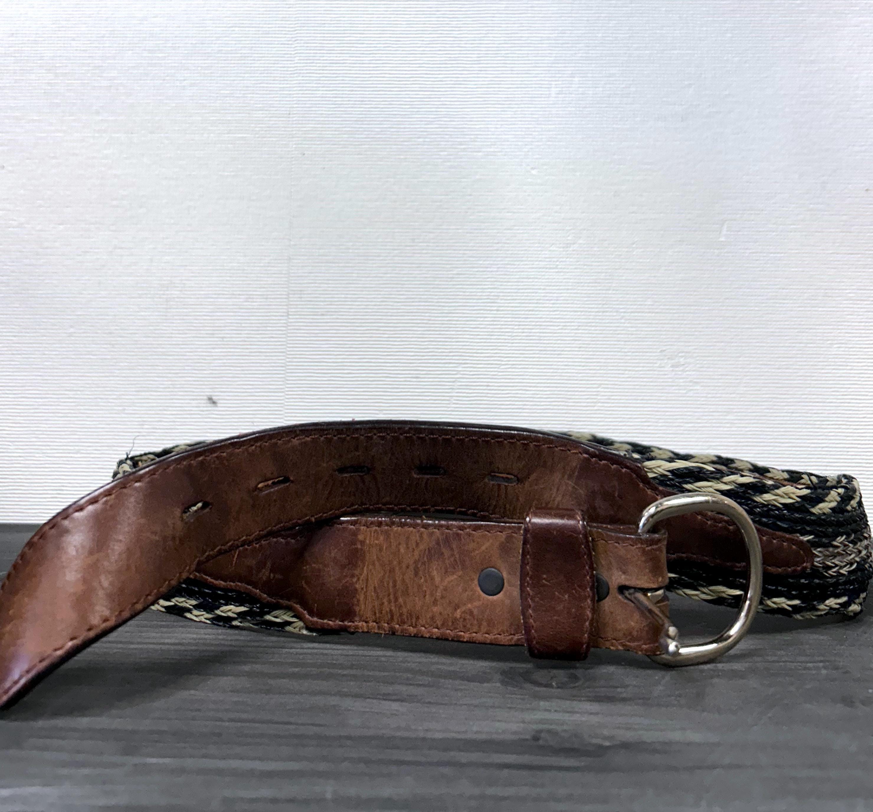 Vintage Woven Brown Leather Belt, Unisex Retro Style, Silver  display picture 1