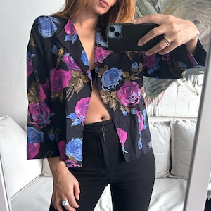 Floral Colorful Crop Jacket / Black Batik Print Jacket / Feminine Flowers print Jacket / Open Front Jacket / Boho Jacket - Small