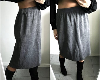 Minimal Gray Solid Skirt / Flared Midi Basic Skirt / Vintage Office Secretary Work Skirt - L