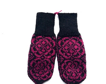 Rose Blossom Knit Mittens / Black And Red Knitwear / Flower Gloves / Ladies Hand Warmer / Boho Mittens /