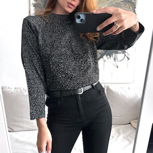 90s Silver Knitted Blouse, Glitter Turtleneck Minimalistic Pullover, Size S/M image 1