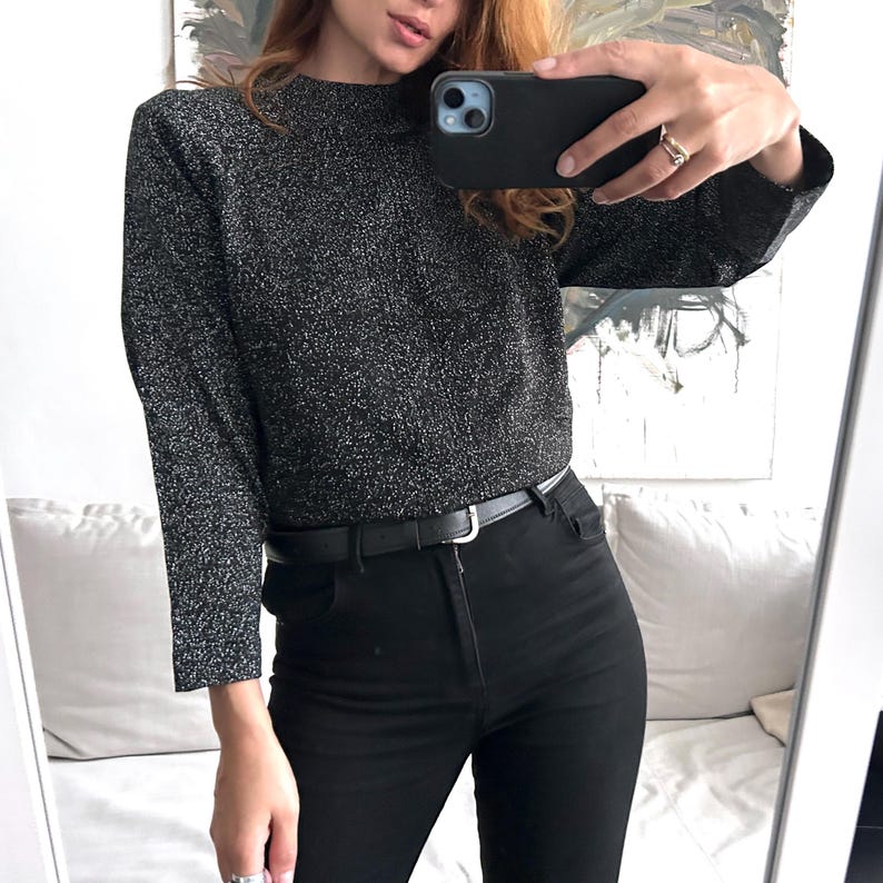 90s Silver Knitted Blouse, Glitter Turtleneck Minimalistic Pullover, Size S/M image 1