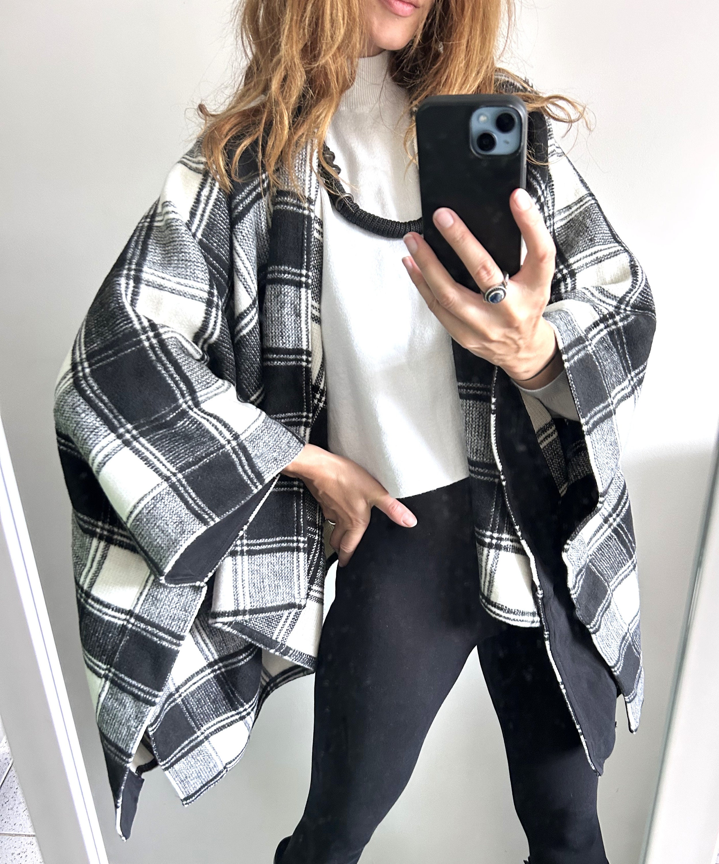 Plaid Cozy Poncho in Black & White / No Closure Poncho
