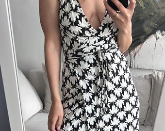 Black and White Floral Wrap Dress, Short Sleeve V Neck Summer Dress, Size S