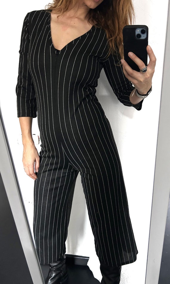 Crop Leg Jumpsuit Striped Dungarees Black N White Stripes Slim Fit Overalls Small Etsy UK