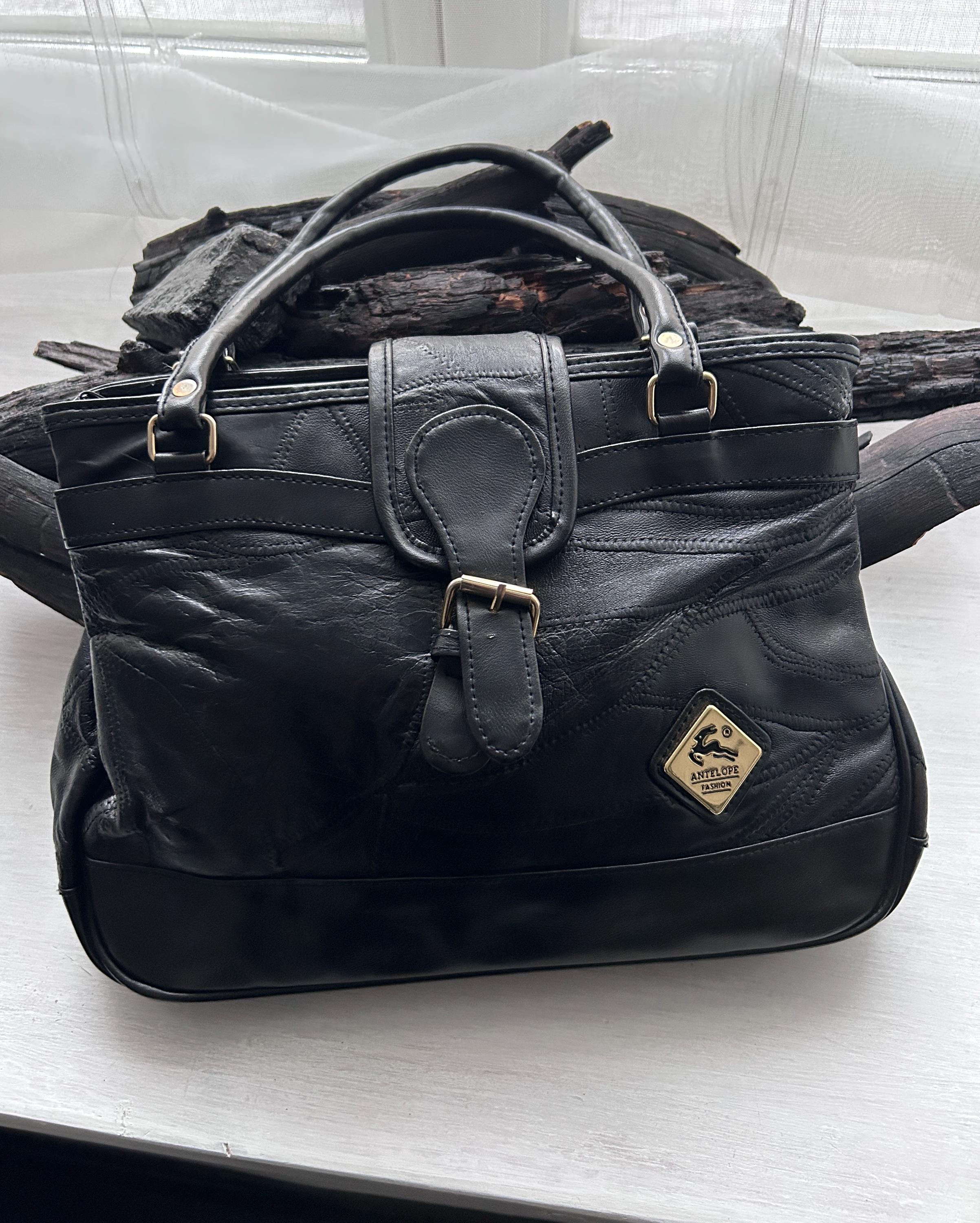 90s Real Leather Black Patchwork Purse / Stylish Top Handle Bag