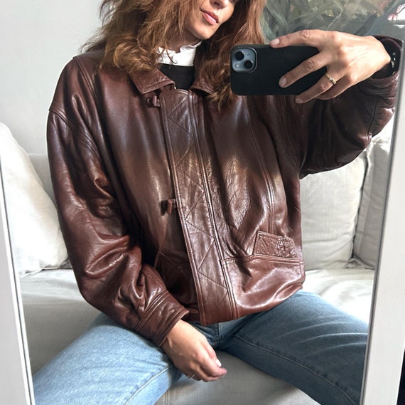 80s Brown Real Leather Bomber Jacket / Toggle Parka / Zip Vintage 
