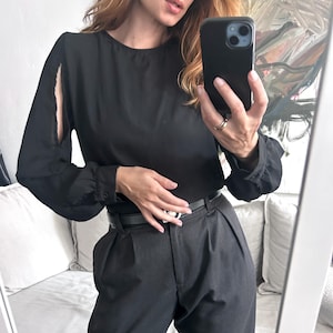 Black Blouse With Cut Out Sleeves / Evening Blouse / Long Cut Off Sleeves / Birthday Blouse / Minimal Blouse / Delicate Going Out Top - L