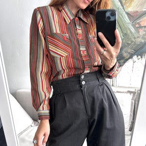 70s Striped Shirt For Woman / Brown Tones Blouse / Classic Blouse / Office Blouse / Long Sleeved Shirt / Button Up Top - Large
