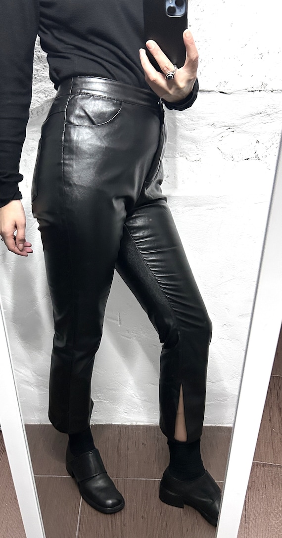 Eco leather Black Pants / Cropped Trousers With S… - image 2