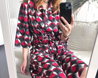 Vestido vintage de los años 80 con estampado geométrico: cintura con lazo, media manga y cuello