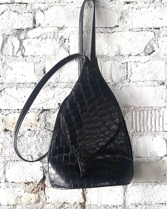 croc faux leather backpack with shoulder straps FR Fashion Co. 13" Men's Crocodile Design tight stitching and premium YKK zippers for longlasting performance and a luxurious feel FAWN BROWN FAUX CROC BACK