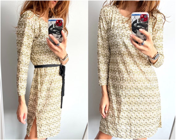 Embroidered Gold Mini Long Sleeved Shift Dress Wi… - image 1