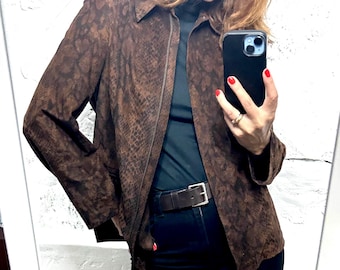 90s Snake Print Brown Zip Jacket, Animal Pattern Shirt, grunge Summer Jacket, M