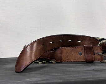 Vintage Woven Brown Leather Belt, Unisex Retro Style, Silver  display picture 1