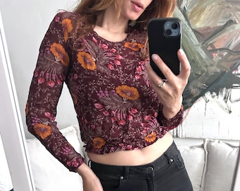 Burgundy Floral Crop Top, Boho Printed Waist Blouse, Size S