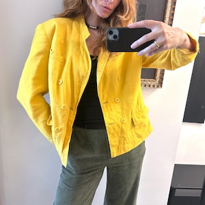 Vintage Rich Yellow Linen Blazer: Classic Retro Jacket - Large