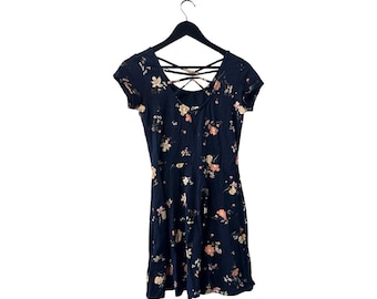 Navy Floral Mini Cotton Dress with Strappy Back, Casual Fit & Flare Dress, Size XS