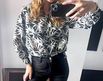 90s Vintage Chiffon Blouse: Black & White Floral Print, Buttoned - Size S