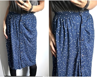 Navy Blue Dot Swiss Skirt / Patterned Boho Casual Skirt / Buttoned Skirt / Vintage Mid Length Skirt - Small