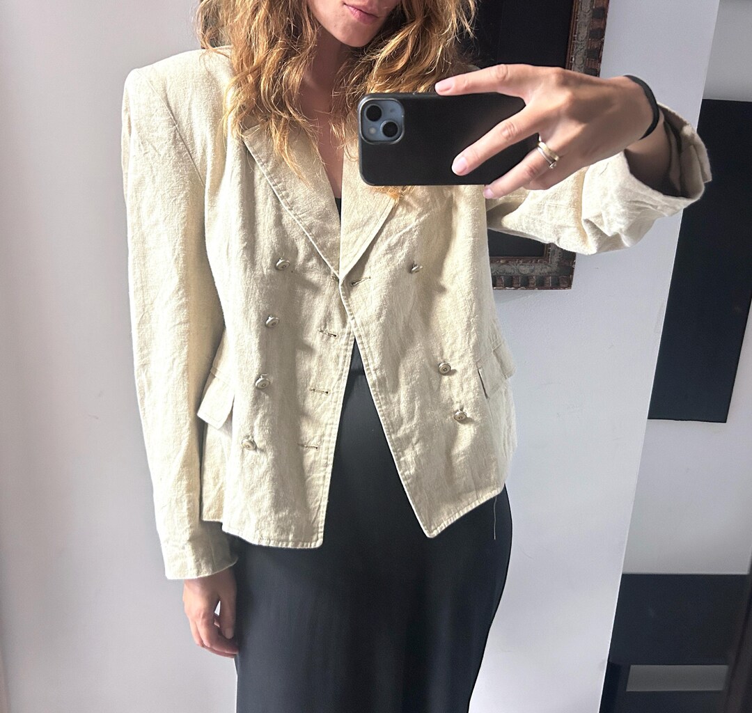 Vintage Grey Linen Blazer: Double Breasted Retro Jacket - Size L
