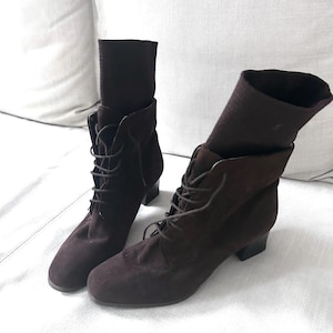 Veterschoenen Suède bruine laarzen / enkelsuède lage hak schoenen / Dameslaarzen / Boho elegante chocoladebruine leren laarzen - EU39 UK6 US8'5