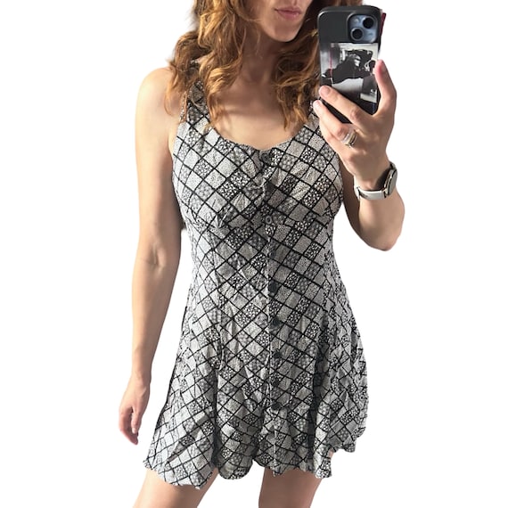 grunge summer dress 90s Mini Slip Dress, printed Dress, Black n White Sundress, M 90s grunge summer outfits