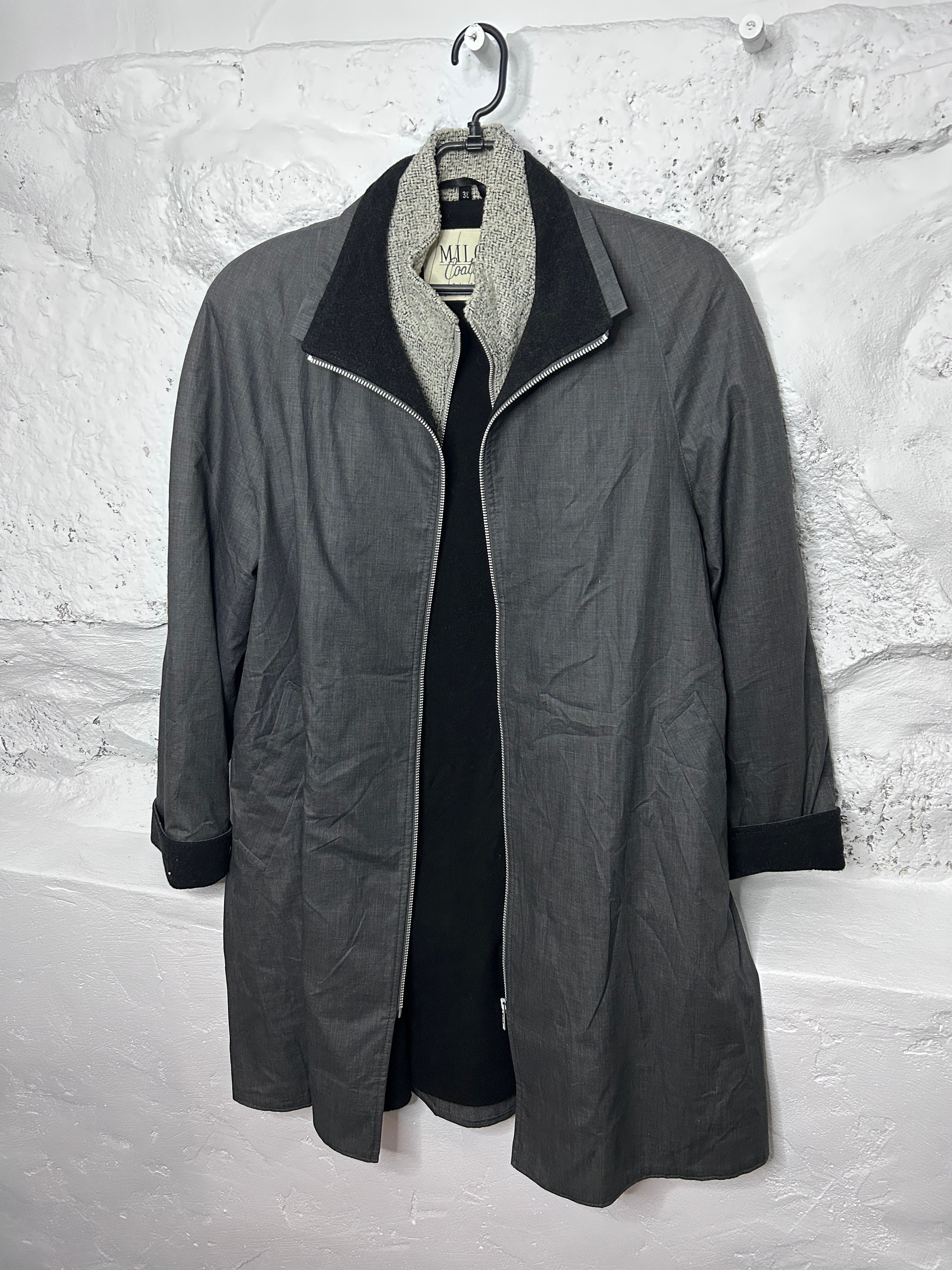 Vintage 80s Wool Blend Maxi Coat: Flared Minimal Zip Overcoat (M-L