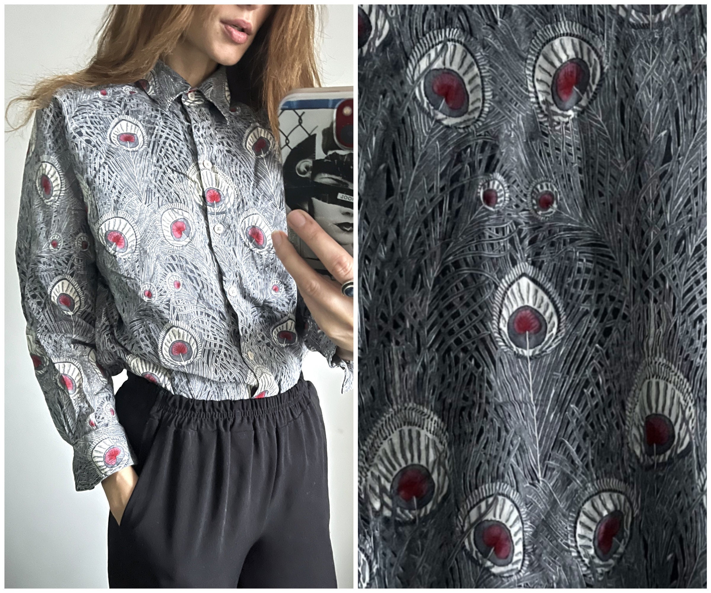 Camicia vintage con piume di pavone Blusa novità stampata nera