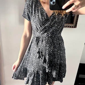 Mini Floral Wrap Dress: Ruffled Asymmetrical Viscose Summer Dress - Small