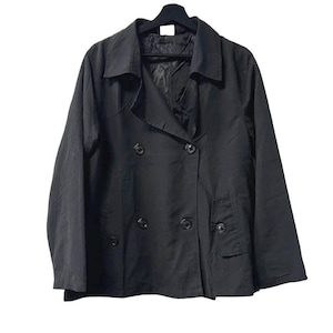 May include: A black double-breasted jacket with a classic design, featuring a notched collar, two rows of buttons, and a pocket on the right side. The jacket is hanging on a black hanger against a white background.