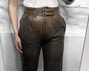 Faded Leather Trousers / Retro Real leather Pants / High Waisted Women Pants / Crop Super Stylish Pants - Small