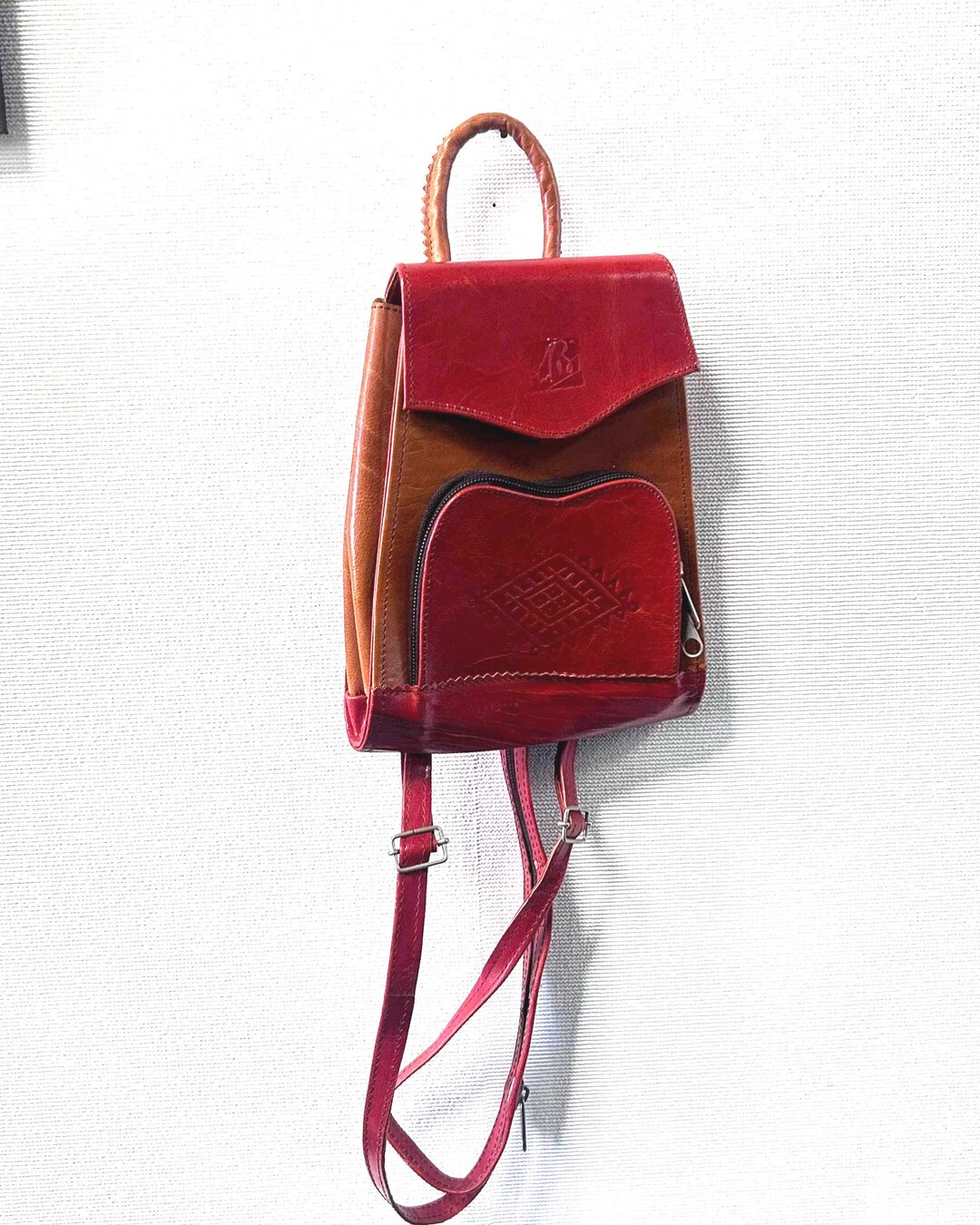 70s Real Leather Mini Backpack, Brown, Red Zip Handle Rucksack - Etsy