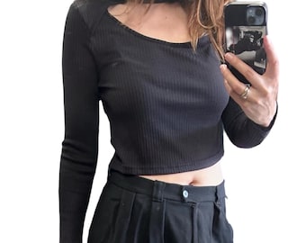 Crop Black Top With Cut Out Neck, Halter Blouse, Minimal Goth Party Wear, Y2K Fashion, Size M/L